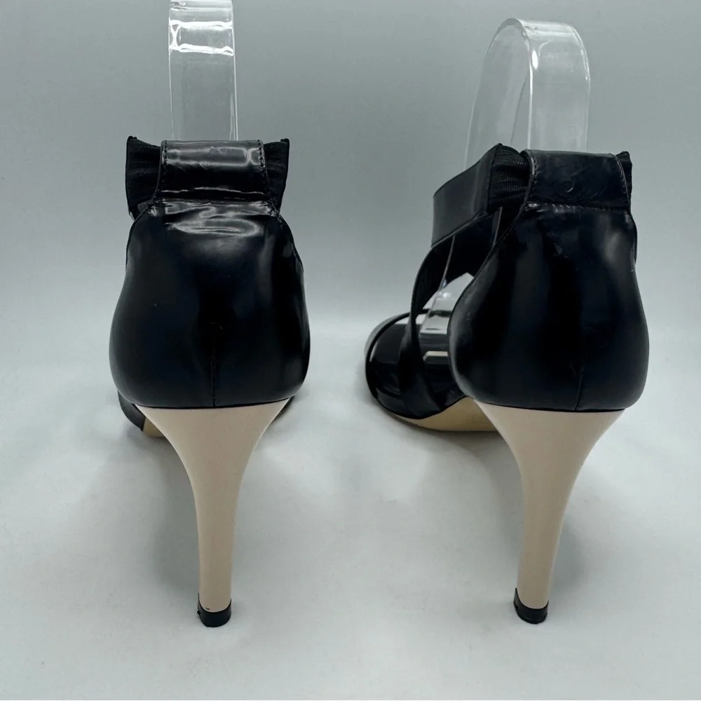 Max Mara Strappy Leather Heeled Square Toe Sandals Black Ivory Size 39